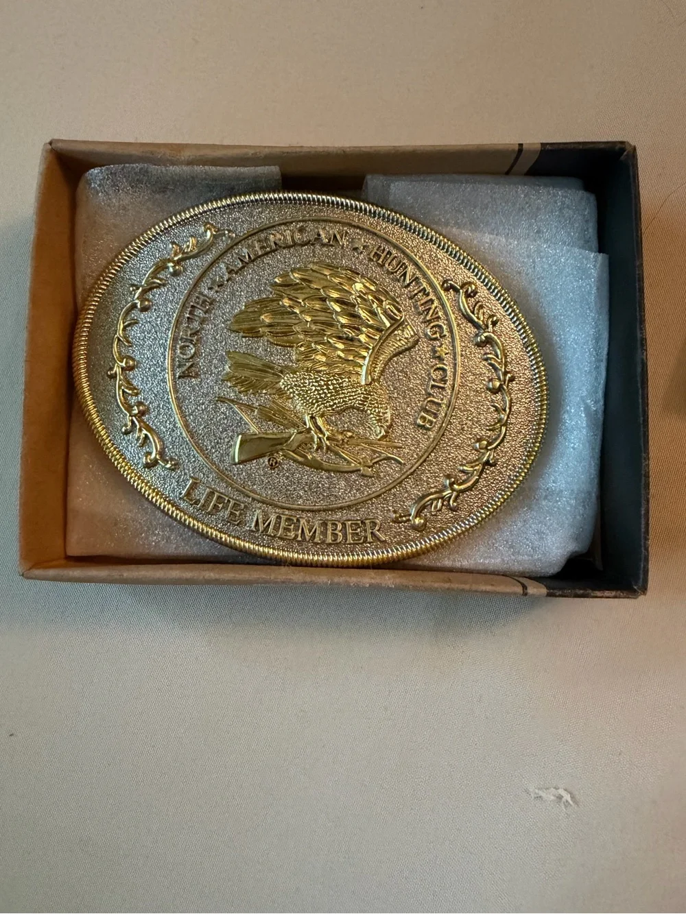 North American Hunting Club Gold Tone Belt Buckle Life Member New in Box